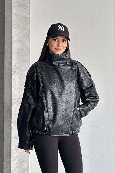 gm giyimarket New Season Zra Viral Oversize Stand Collar Women's Leather Jacket