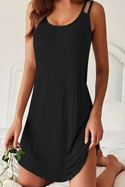 Bernato Black Strappy Knitwear Dress with Slit Detail, Flexible and Comfortab...