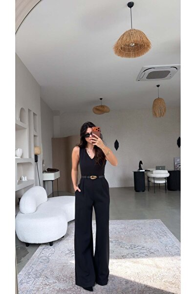 Buket Teke Black Premium Wide Leg Classic Jumpsuit with Gold Belt