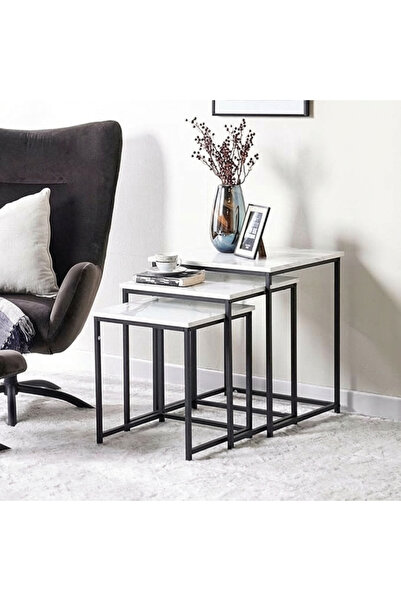 OKAE Square Nesting Serving & Entertaining Table Set 3 Pieces Wood Top & Meta...