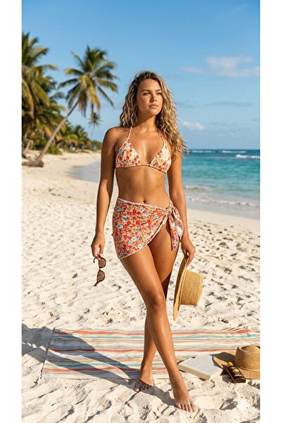 TEMSSHOP Tüm Gözleri Üzerine Çeken Desenli Bikini Takım Pareolu Plaj Şıklığı