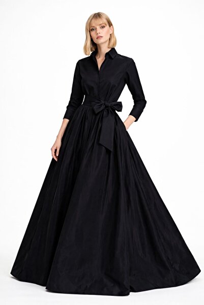 ALYEL NAKER Mobile Belted & Maxi Length Black Shirt Dress