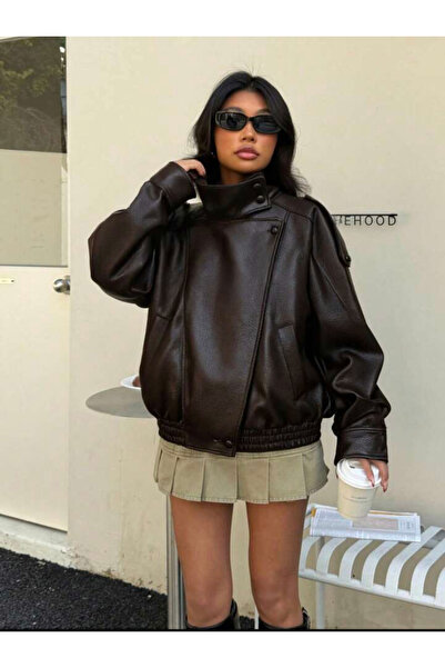 Laleli Butik Viral Oversized Women's Leather Jacket High Collar Black Urban S...