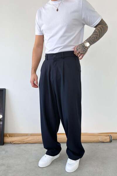 HAFKAGİYİM Navy Blue Pleated Baggy Fabric Pants