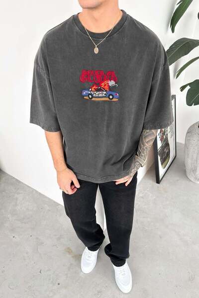 HAFKAGİYİM Σκούρο γκρι μπλουζάκι με λεπτομέρεια κεντήματος, πλενόμενο, oversized