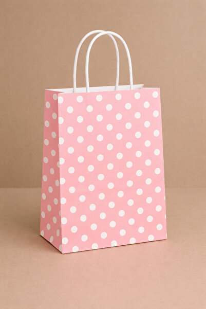 Atölye Kraft Puantiyeli Pembe Renk Kraft Çanta 25x12x31 cm 5 Adet