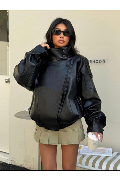 Laleli Butik Viral Oversized Women's Leather Jacket High Collar Black Urban S...