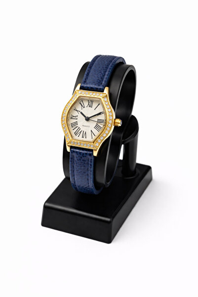 Toz Vintage Cazion Navy Blue Leather Strap Gold Case Stone Detailed Women's V...