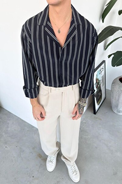 HAFKAGİYİM Navy Blue Striped Premium Relaxed Shirt