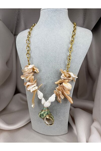 ZS Aksesuar Gold Chain Necklace with Seashell Detail – Natural Stone Look Sty...