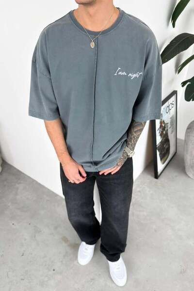 HAFKAGİYİM Gray Embroidery Detailed Premium Oversize T-Shirt