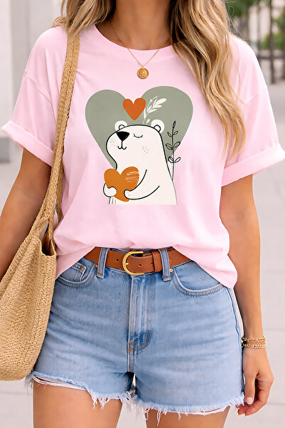 ArtYus Cute Teddy Bear Heart Print Unisex Oversize T-Shirt – Cotton Crew Neck...