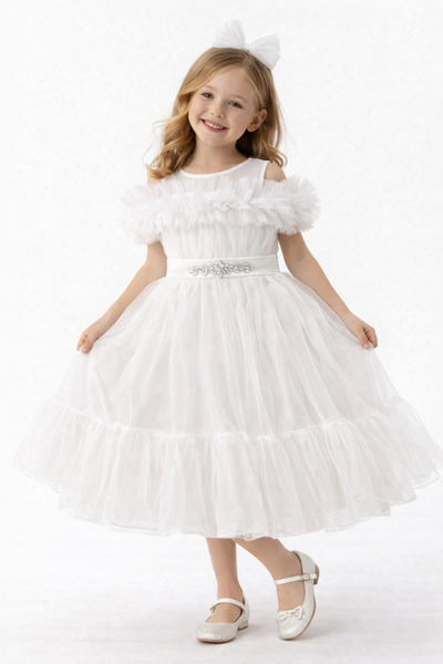 DUBAİ ÇOCUK Girl's Tulle Evening Dress with Shoulder Detail, Princess Model