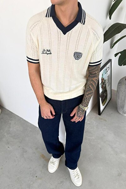 HAFKAGİYİM Ecru Los Feliz Embroidered Polo Collar T-Shirt