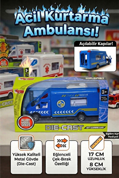 craftivio Vardem Metal Çek Bırak Polis Kurtarma Ambulansı - 17 cm Açılır Kapı...