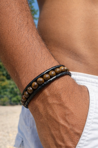 magıcgrange Men's Natural Stone Leather Bracelet – Agate, Tiger's Eye Onyx, H...