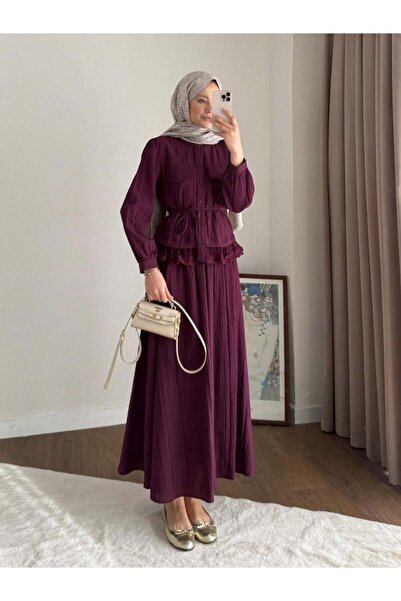 Miraydın Butik Lace Detailed Shirt and Skirt Set M25191 - Plum