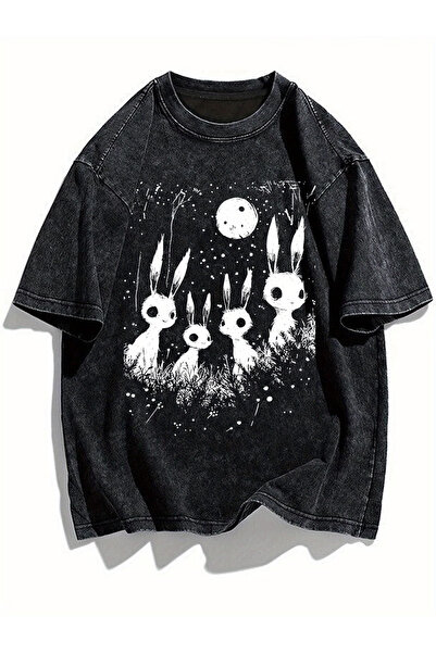 CLASSY.MODA Smoked Washed T-Shirt - Denim Textured Retro Design Loose Top