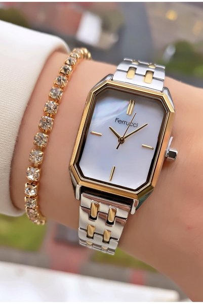 Ferrucci Women's Wristwatch Rectangular Case Silver-Gold Steel Band |   Elegant Modern Design