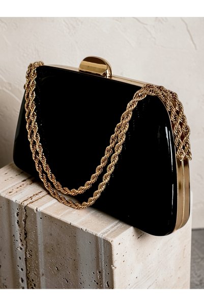 Biçanta Black Color Luxury Patent Leather Silver Detailed Chain Strap Women's Evening Dress Bag Wedding Engagement Graduation