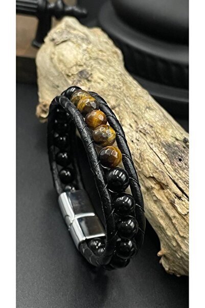 magıcgrange Men's Natural Stone Leather Bracelet – Agate, Tiger's Eye Onyx, H...