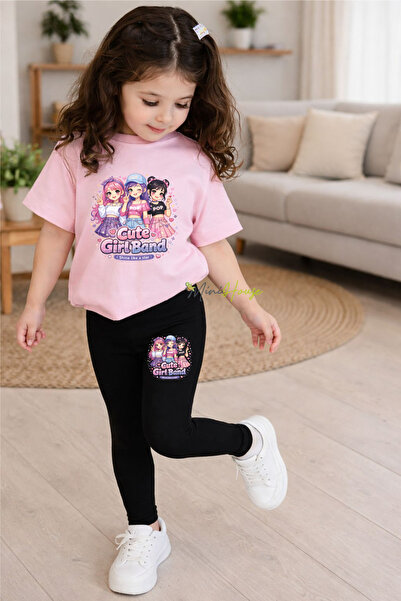 MiniHouse Set Top și Pantaloni Scurți Imprimați cu Motiv de Grup de Fete Drăguțe