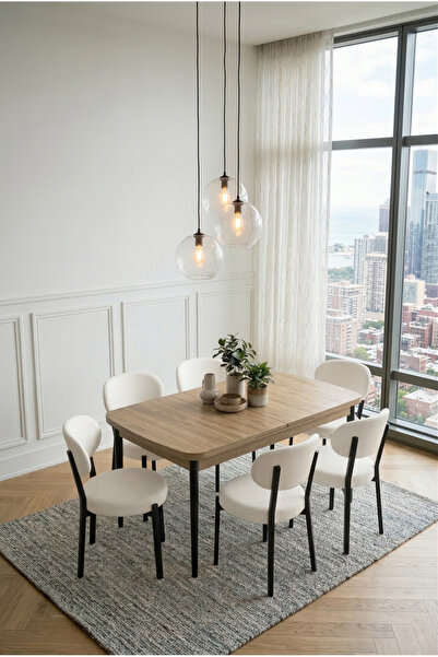 DEREN HOME Pufy Serisi 80x130 Açılabilir Masa +6 Adet Silinebilir Sandalye Ma...