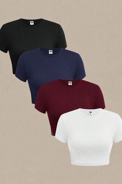 EVIus Women's Basic Crew Neck Slim Fit Crop Set of Four