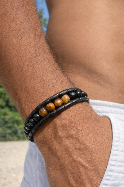 magıcgrange Men's Natural Stone Leather Bracelet – Agate, Tiger's Eye Onyx, H...