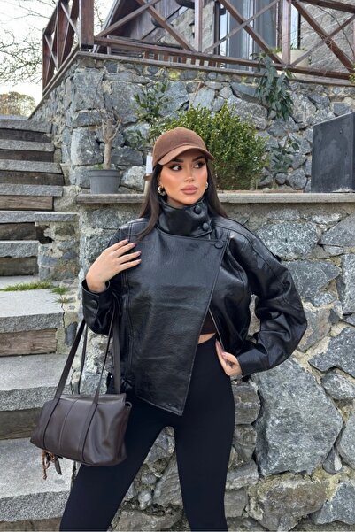 gm giyimarket New Season Zra Viral Oversize Stand Collar Women's Leather Jacket