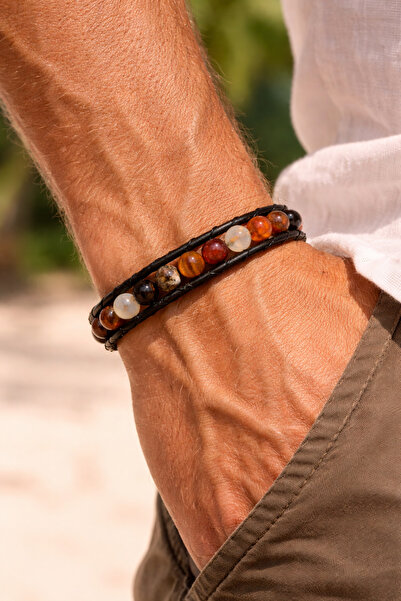 magıcgrange Men's Natural Stone Leather Bracelet – Agate, Tiger's Eye Onyx, H...