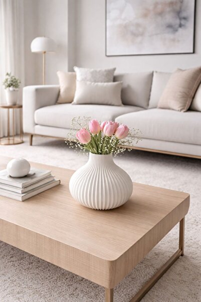 Claraco Modern Gray Decorative Vase – Warm Gray Matte Design with Vertical St...