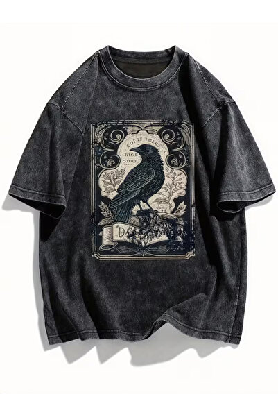 CLASSY.MODA Smoked Washed T-Shirt - Denim Textured Retro Design Loose Top