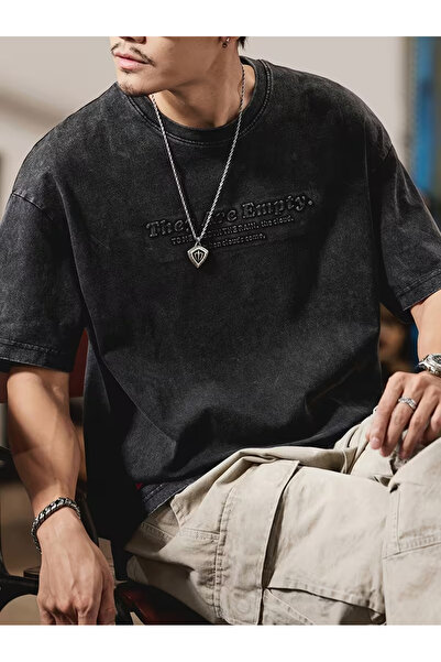 CLASSY.MODA Smoked Washed T-Shirt - Denim Textured Retro Design Loose Top