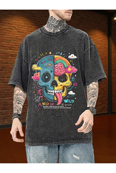 CLASSY.MODA Smoked Washed T-Shirt - Denim Textured Retro Design Loose Top