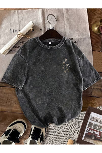 CLASSY.MODA Smoked Washed T-Shirt - Denim Textured Retro Design Loose Top