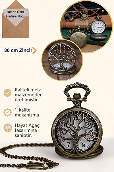 Özel Üretim Yaşam Ağacı Temalı Köstekli Cep Saati Nostaljik Hediye Zincirli Bronz Metal Tasarım Saat
