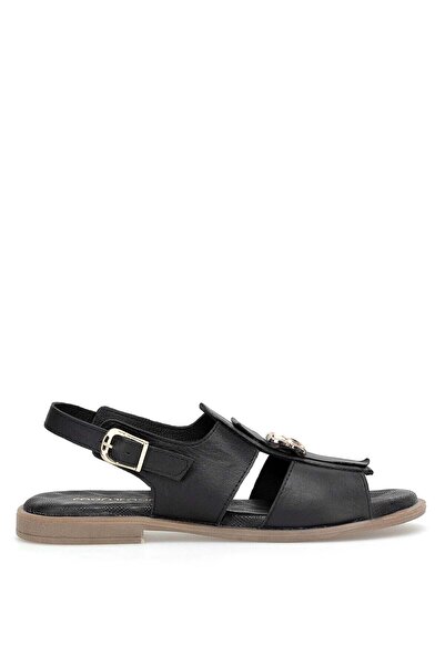 Mammamia D26YS-2780 Sandale plate din piele naturală pentru femei, negre