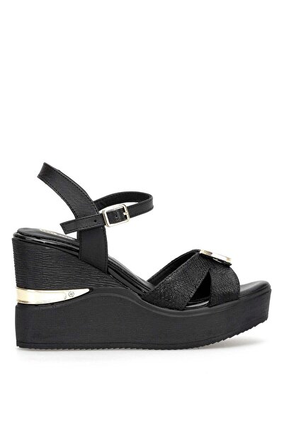 Mammamia D26YS-5390 Sandale de damă din piele naturală cu toc pană, negre