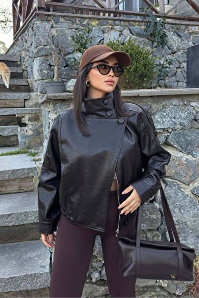 gm giyimarket New Season Zra Viral Oversize Stand Collar Women's Leather Jacket