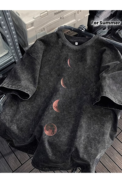 CLASSY.MODA Smoked Washed T-Shirt - Denim Textured Retro Design Loose Top