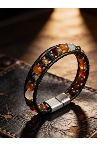 magıcgrange Men's Natural Stone Leather Bracelet – Agate, Tiger's Eye Onyx, H...