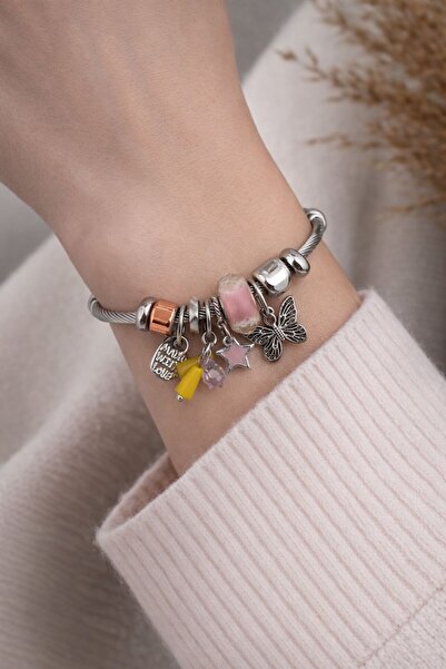 stainless steell Silver Multi-Colored Charm Steel Bracelet