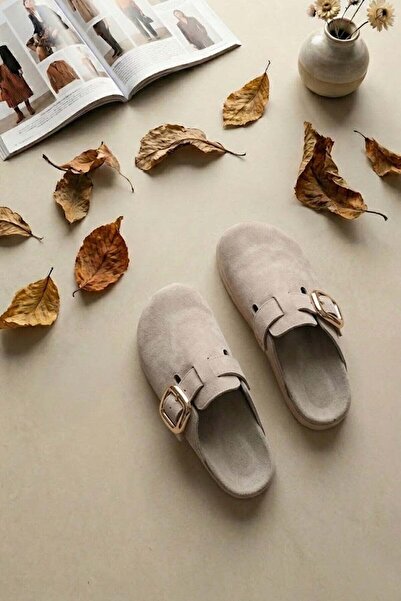 Ayakkabı Fuarı Elit Zyn4000 Women's Genuine Leather Buckle Sabo Slippers Beige