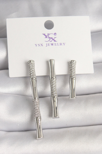 Nehir Stylish Brass Silver Color Zircon Stone Bamboo Model 3-Piece Women's Co...