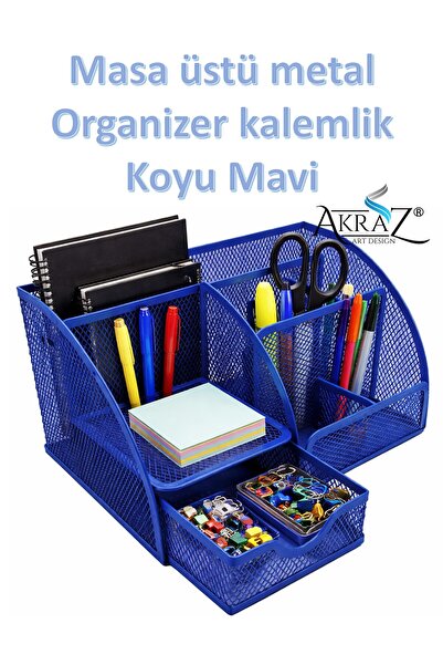 Akraz Art Design MASA ÜSTÜ METAL KALEMLİK KOYU MAVİ YEDİ GÖZLÜ (ORGANİZER MAS...