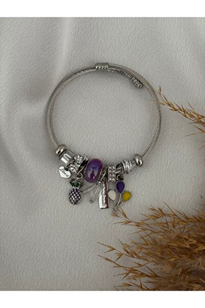 stainless steell Silver Multi-Colored Charm Steel Bracelet