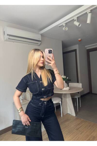 ParlaMira Kadın Koyu Lacivert Kısa Kollu Crop Denim Takım