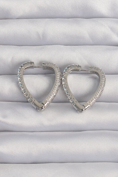 Nehir Stylish Brass Silver Color Zircon Stone Motif Heart Earrings Teachers M...