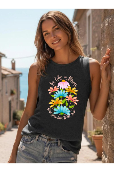 SUNFREE FLOWERS Γυναικείο μπλουζάκι με στάμπα, με τιράντες, ανοιχτό στους ώμο...